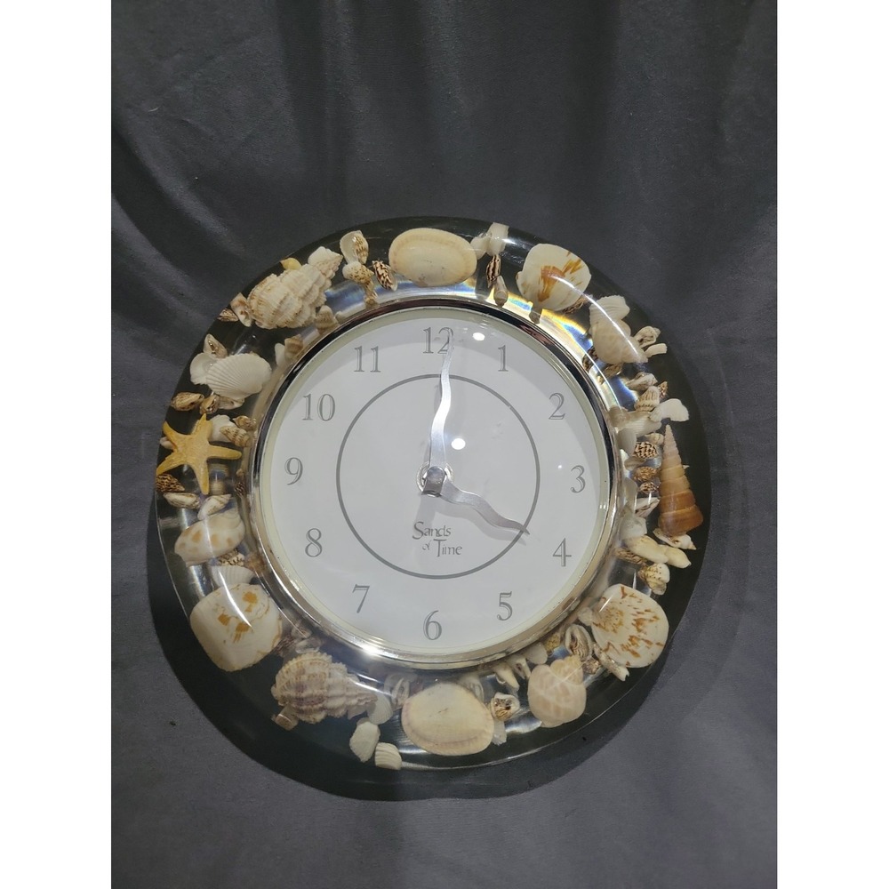 Sands of Time Lucite Wall Clock Sea Shell Seashell Coastal Analog Battery 8"